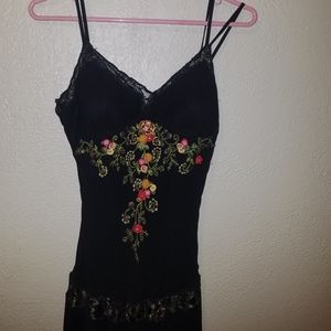 90's Vintage Black Caché Dress With Colorful Floral Embroidery Size 6